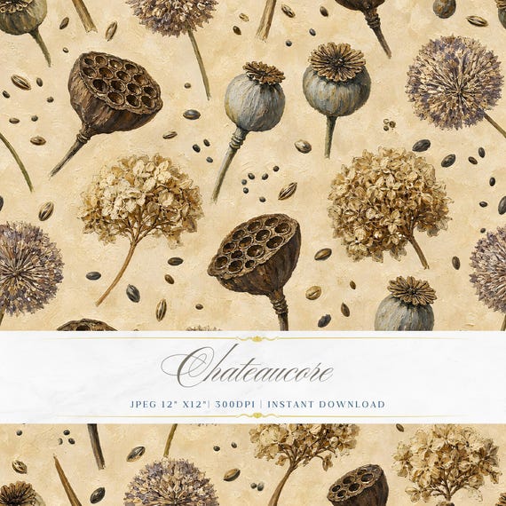 Dried Botanical Seamless Pattern JPEG Oil Painting Digital Paper Vintage Chateaucore Instant Download