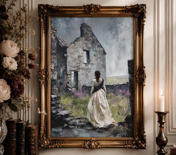 Moors Ruins Woman Wall Art | White Gown Stone Farmhouse Oil Painting | Gothic Romantic Landscape Decor Digital Download