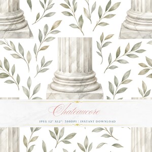 May include: Watercolor digital paper with a repeating pattern of classical columns and leafy branches in shades of gray and green on a white background. The word "Chateaucore" is written in pink script.