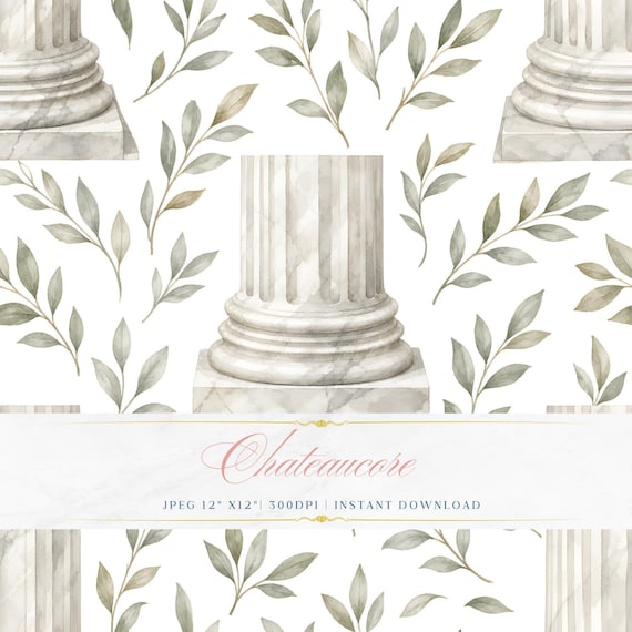 Watercolor Column Botanical Seamless Pattern, Neoclassical Digital Paper, Architectural Tile