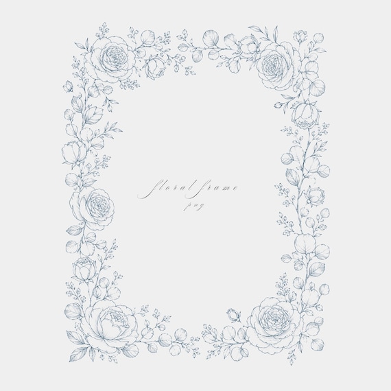 Garden Rose Eucalyptus Frame PNG | Fine Line Pencil Clipart | Wedding | Transparent | 300 DPI