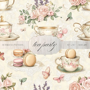 Peut inclure: Motif sans couture avec tasses à thé, théières, macarons, roses, papillons et brins de lavande. Les mots "tea party" sont écrits en cursive sur un panneau en bois. Le fond est un motif de dentelle crème.
