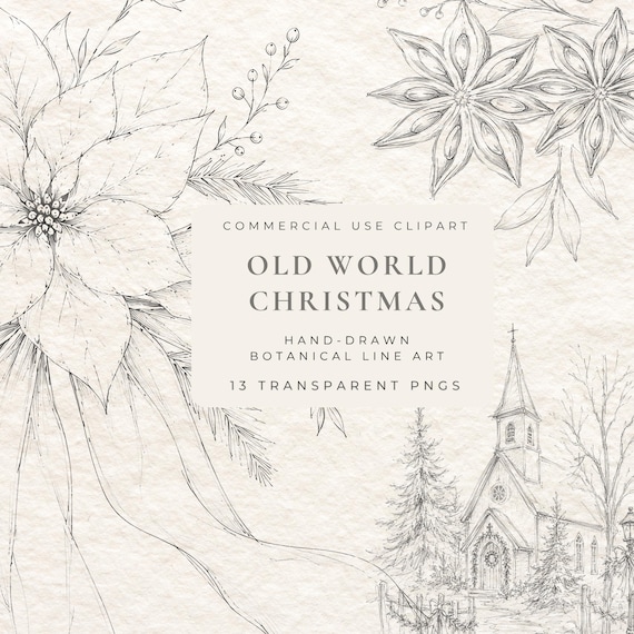Vintage Christmas Clipart PNG, Hand Drawn Holiday Illustrations, Botanical Wreath, Heirloom Fine Line Winter Graphics, Festive Design