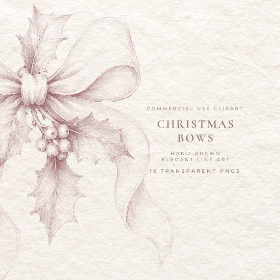 Christmas Bow Clipart PNG, Victorian Burgundy Ribbons, Vintage Hand Drawn Fine Line Bows, Elegant Holiday Wedding Stationery Graphics