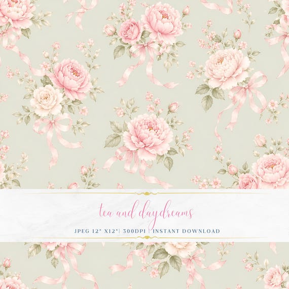 Watercolor Tea Pattern, Seamless Floral Digital Paper, Romantic Aesthetic, Spring Design, Soft Green