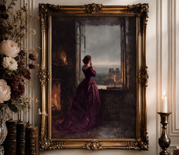 Moors Boulder Woman Wall Art | Dark Green Gown Amber Sky Oil Painting | Gothic Romantic Landscape Decor Digital Download