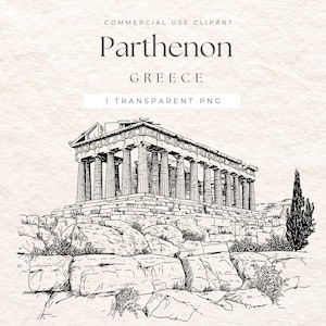 May include: A black and white line drawing of the Parthenon in Greece. The image includes the text "COMMERCIAL USE CLIPART", "Parthenon", "GREECE", and "1 TRANSPARENT PNG". The Parthenon is depicted with columns and a detailed roof.