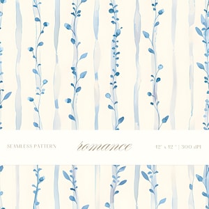 May include: Seamless pattern with a cream background and vertical light blue watercolor stripes. Delicate blue floral vines with leaves and buds are interspersed between the stripes. The word "romance" is written in cursive.