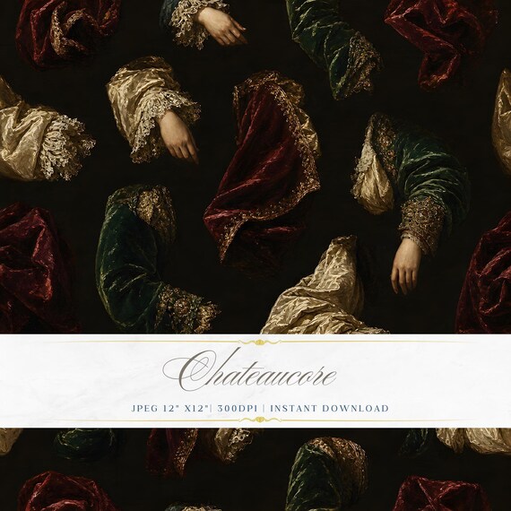 Renaissance Figure Seamless Pattern JPEG Oil Painting Digital Paper Dark Chateaucore Instant Download