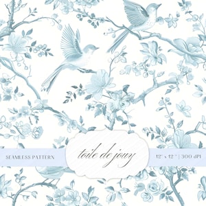 Chinoiserie Birds Toile De jouy | Hand Drawn Style | Seamless Pattern | Instant Download | JPEG | High Quality | POD | Scrapbooking