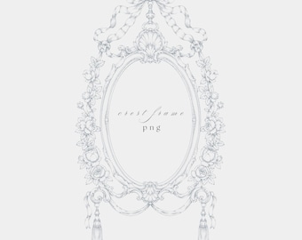 May include: An ornate, oval crest frame illustration in a delicate, light gray color. The frame is adorned with floral and ribbon details, including a bow at the top and tassels at the bottom. The text "crest frame png" is centered within the oval.