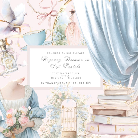 Regency Watercolor Clipart, Pastel Blue Pink Gold, Romantic Garden Clipart, Vintage Wedding Graphics, Floral Arch Gate, Coquette PNG Bundle