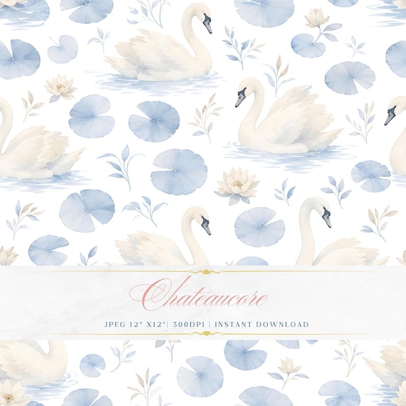Swan Lily Pad Watercolor Seamless Pattern, Blue Lake Digital Paper, Ornamental Tile