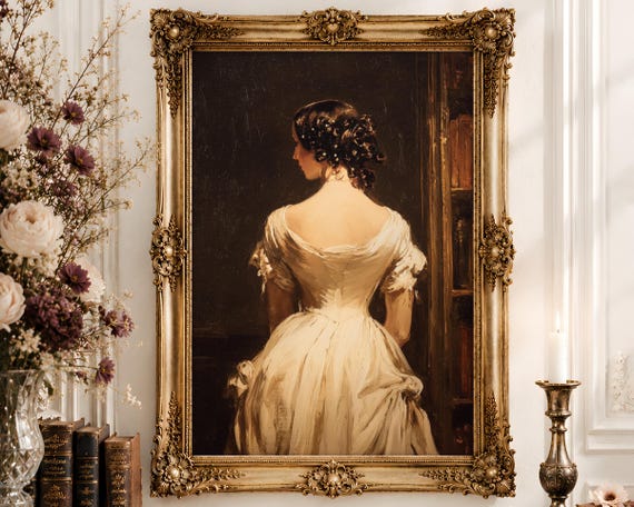 Victorian Ballgown Woman Wall Art | Bare Back Off Shoulder Oil Painting | Dark Romantic Library Decor Digital Download