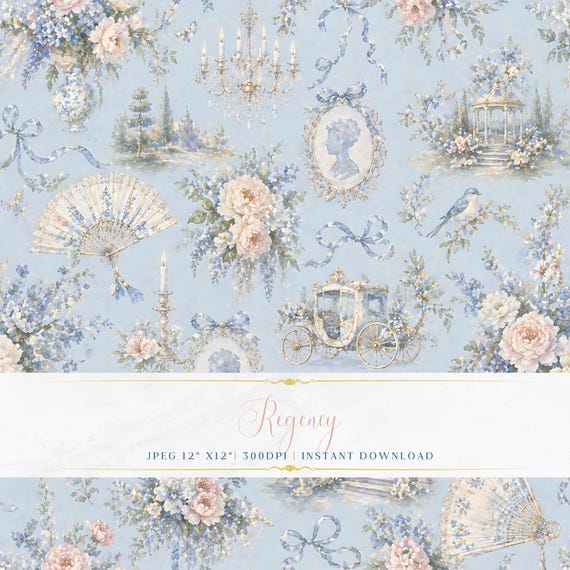 Regency Blue Pattern JPEG | Watercolor Carriage Chandelier Cameo Teacup Fan Candle Staircase Peony Bow Digital Paper 300 DPI 12x12