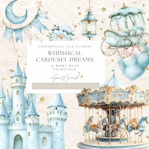 Baby Blue Carousel Clipart | Fairytale Watercolor Horses | Baby Shower & Birthday Party PNG, Junk Journals Scrapbooking