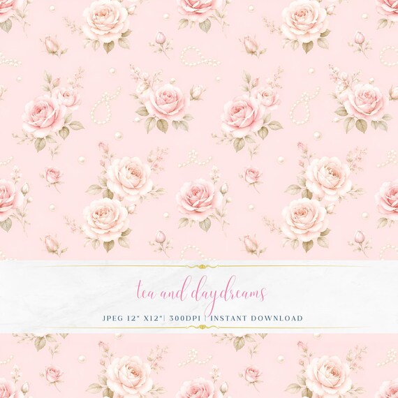 Romantic Roses, Pastel Tea Party Pattern, Seamless Floral Digital Paper, Feminine Vintage Design