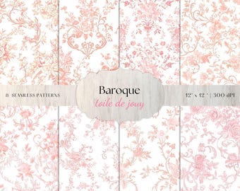 Rosa Toile De Jouy-Muster – Barockstil, 8 hochauflösende JPEGs (Digitaler Download)