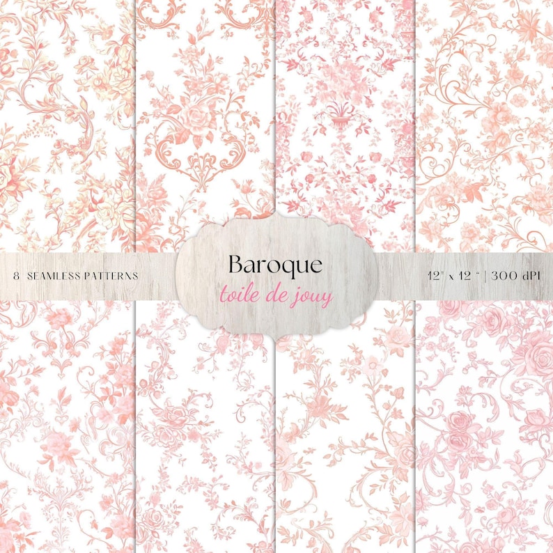 Pink Toile De Jouy Patterns – Baroque Style, 8 High-Res JPEGs (Digital Download) image 1