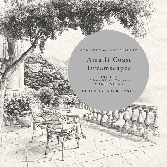 Amalfi Outline Scenery Clipart Bundle, Hand-Drawn Style Mediterranean Landscape PNG, Italian Travel Illustration Collection