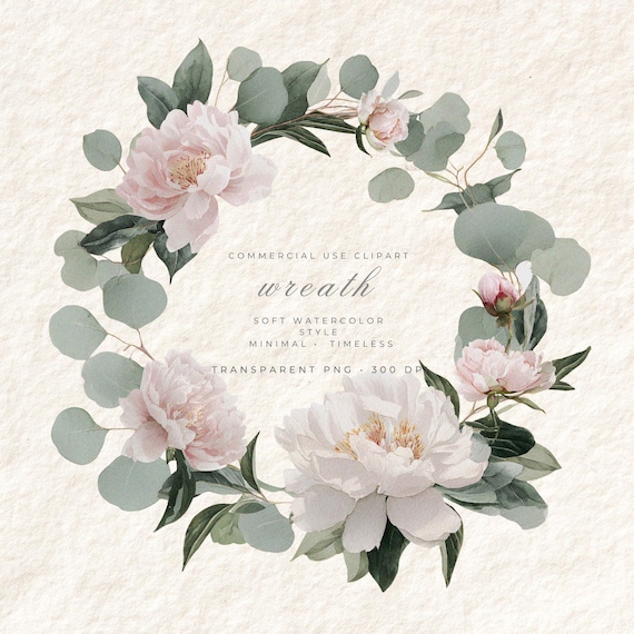 Pastel Watercolor Wreath PNG Clipart, Wedding Invitation Floral Frame, Transparent Background Digital Art, Commercial Use Instant Download