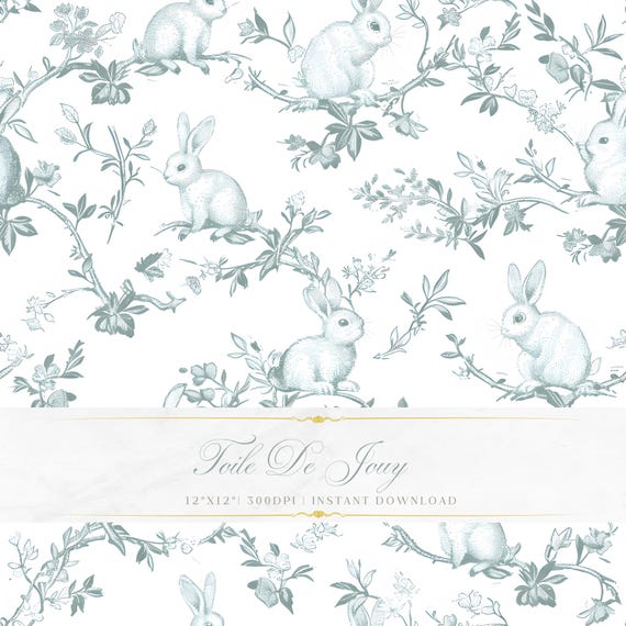 Chinoiserie Bunnies Toile de Jouy Seamless Pattern (JPEG, Instant Download)