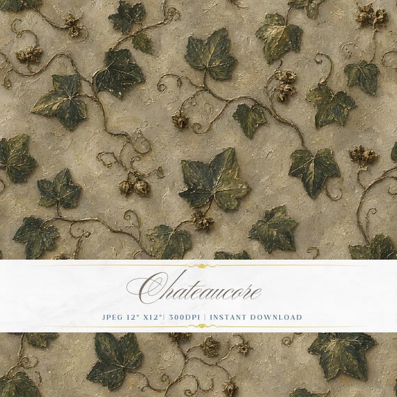 Antique Ivy Vine Seamless Pattern, Dark Stone Digital Paper, Gothic Botanical Tile