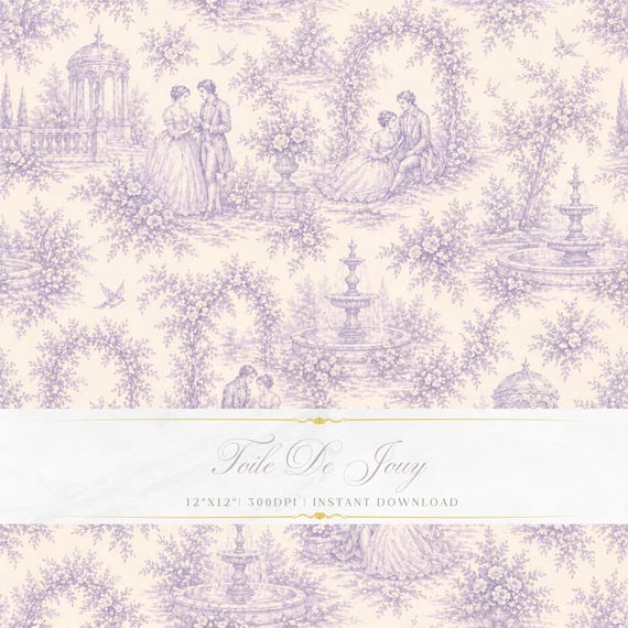 Purple Toile de Jouy Pattern, Romantic Garden Scene, Vintage Seamless Digital Paper