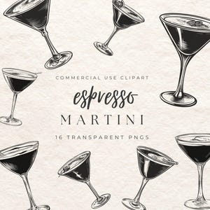 Espresso Martini Clipart, Cocktail PNG | Black & White Drink Illustration | Hand Drawn Alcohol Transparent Graphics | Bar Logo Design