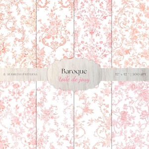 Pacchetto di motivi senza soluzione di continuità Toile De Jouy rosa - 8 JPEG ad alta risoluzione per carta da parati in stile barocco e scrapbooking