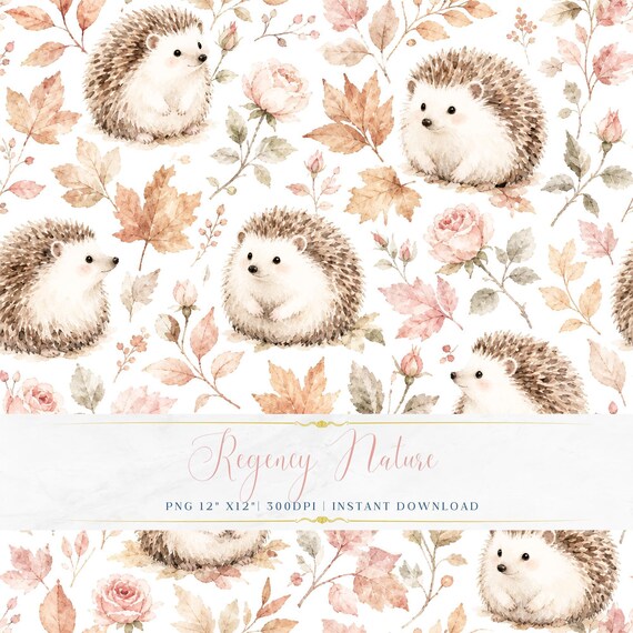 Vintage Nature Seamless PNG Romantic Hedgehog and Botanical Wallpaper Printable Scrapbook Pattern