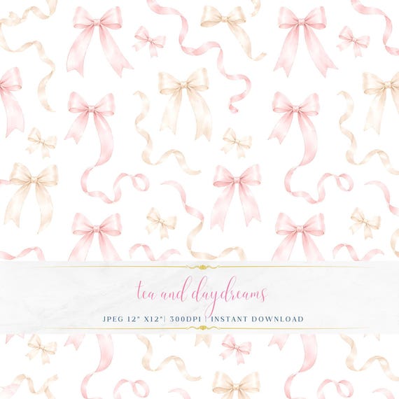 Ribbon Bow Seamless Pattern, Pink Soft Feminine Seamless Pattern, Tea Inspired Digital Paper, Vintage Feminine Style