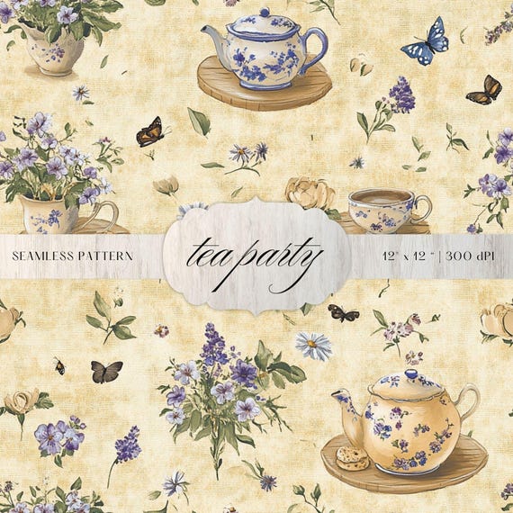 Tea Party Seamless Pattern | Cottagecore Floral Background (Digital Download)
