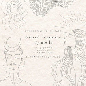 Op de afbeelding: Digitale illustratie met lijntekeningen van vrouwen, een maan en zonnestralen. De tekst luidt "Sacred Feminine Symbols" en "Hand-Drawn Goddess Illustrations". De afbeelding is in neutrale tinten.