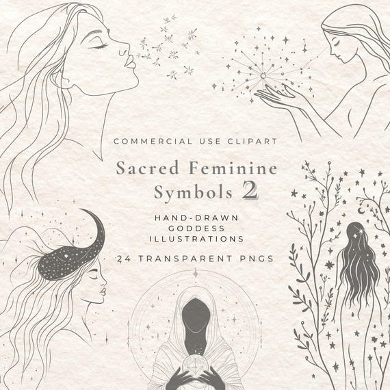Goddess Symbols Fine Line Clipart | Boho Tattoo Logo Elements (24 PNG)