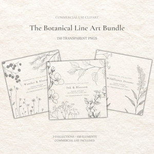 Może przedstawiać: The Botanical Line Art Bundle, kolekcja 150 przezroczystych plików PNG. Obraz przedstawia trzy kwadratowe karty z botanicznymi ilustracjami linii kwiatów i roślin. Karty są oznaczone jako "Wander & Bloom", "Ink & Blossom" i "Wildflower Dreams".