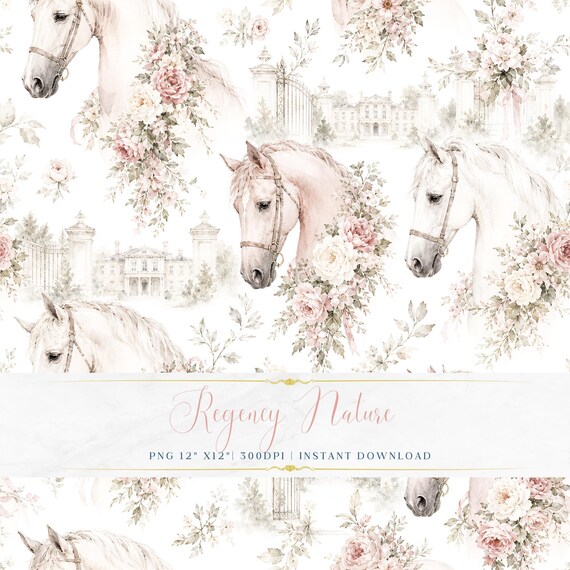 Soft Pastel Horses PNG Vintage Seamless Floral Pattern Printable Fabric Wallpaper
