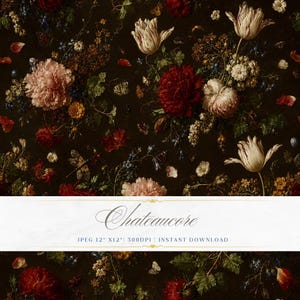 May include: A dark floral pattern featuring red, pink, and white flowers, with green foliage and butterflies. The image has a vintage aesthetic, with the word "Chateaucore" in a decorative font across the center.