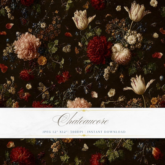 Old Masters Dark Floral Seamless Pattern, Baroque Bouquet Digital Paper, Dutch Still Life Tile