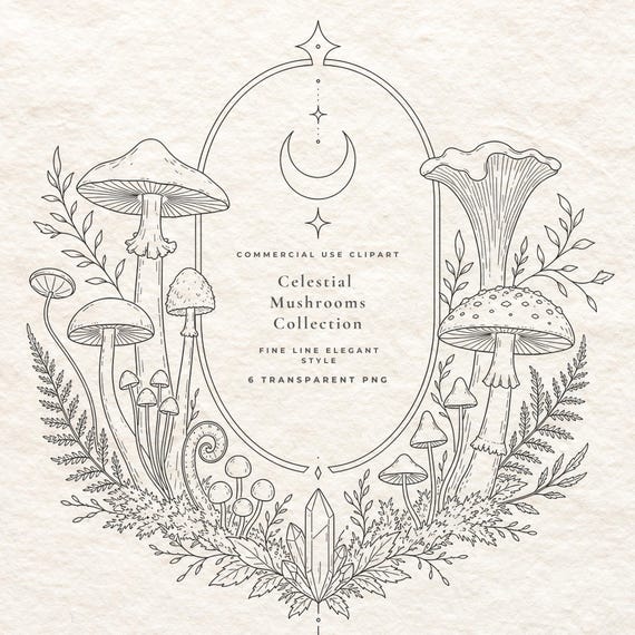 Celestial Mushroom Branding Elements PNG Bundle, 6 Fine Line Mystical Logo Illustrations Commercial Use, Witchy Digital Download Pack