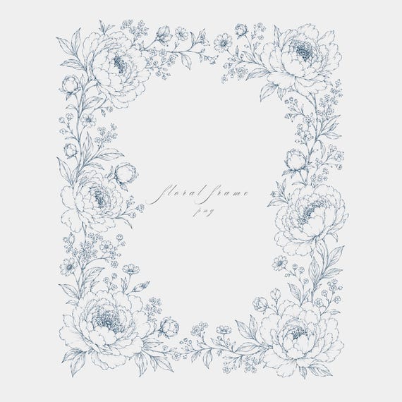 Open Peonies Frame PNG | Fine Line Pencil Clipart | Wedding Stationery | Transparent | 300 DPI