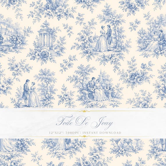 Blue Toile de Jouy Pattern Blue, Romantic Garden Scene, Vintage Seamless Digital Paper
