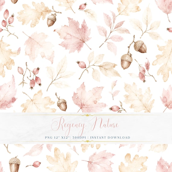 Romantic Autumn Nature Wallpaper PNG Seamless Botanical Watercolor Pattern Feminine Decor