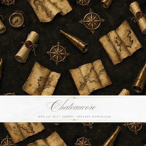 May include: An assortment of antique nautical items, including rolled maps, compasses, and telescopes, arranged on a dark textured surface. The image has a vintage aesthetic, with a banner that reads "Chateaucore".