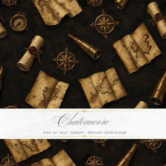 Dark Map Compass Scroll Seamless Pattern, Explorer Digital Paper, Antique Navigation Tile