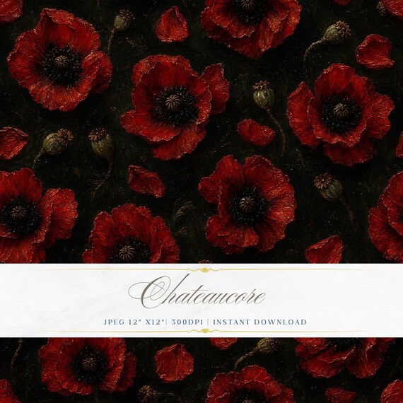 Poppy Seamless Pattern JPEG Oil Painting Digital Paper Red Floral Chateaucore Vintage Instant Download