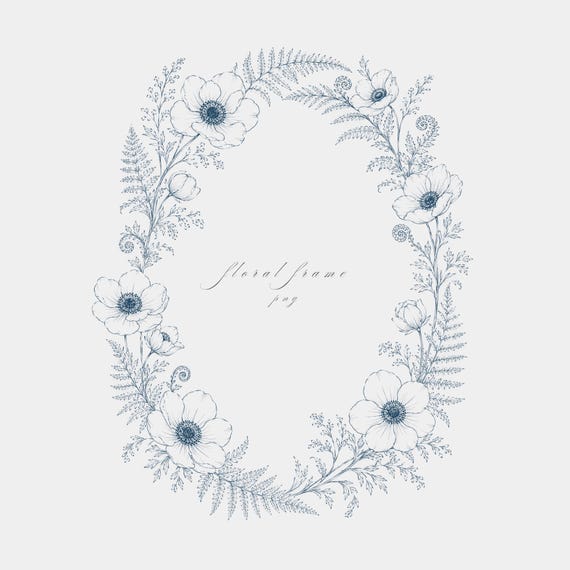 Anemone Floral Frame PNG | Fine Line Pencil Clipart | Wedding Stationery | Transparent | 300 DPI