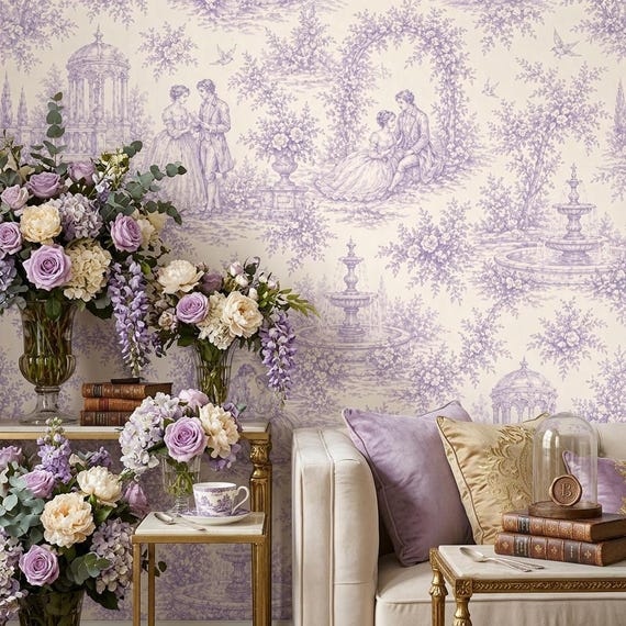 Purple Toile de Jouy Pattern, Romantic Garden Scene, Vintage Seamless Digital Paper
