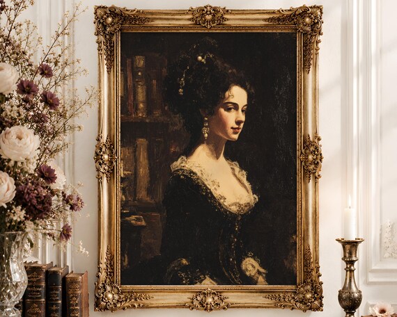 Baroque Lady Portrait Wall Art | Dark Velvet Gown Oil Painting Print | Moody Library Feminine Decor Digital Download