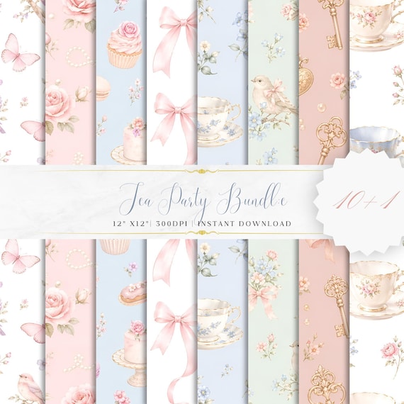 Pastel Tea Party Seamless Patterns, Floral Digital Paper Pack, 12x12 300 DPI, Feminine Vintage Watercolor Backgrounds